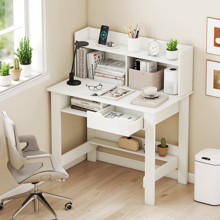 Giantex White Computer Desk with Hutch, Home Office Desk with Power Outlets, USB Ports