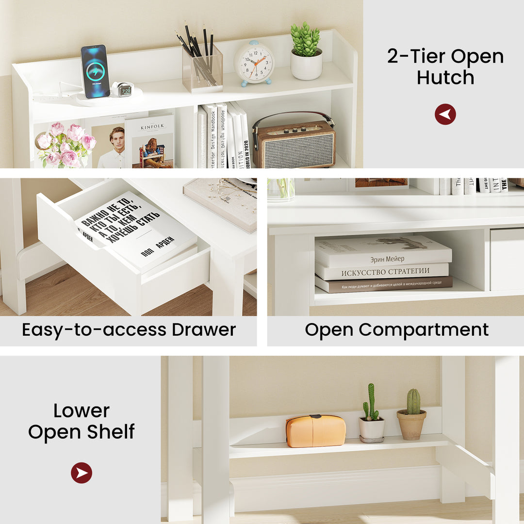 Giantex White Computer Desk with Hutch, Home Office Desk with Power Outlets, USB Ports
