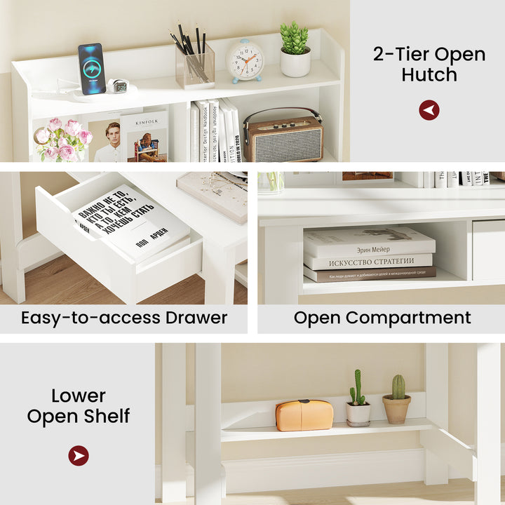 Giantex White Computer Desk with Hutch, Home Office Desk with Power Outlets, USB Ports