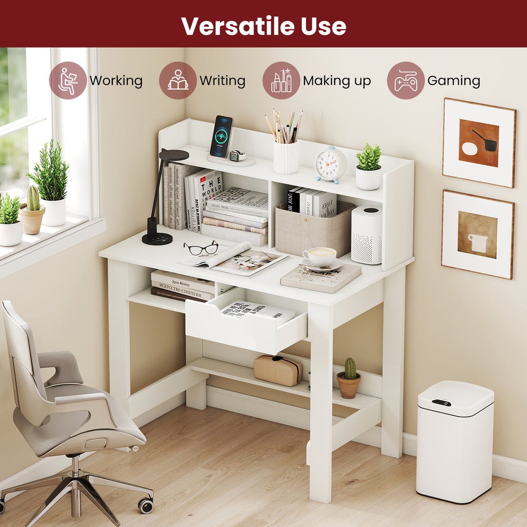 Giantex White Computer Desk with Hutch, Home Office Desk with Power Outlets, USB Ports