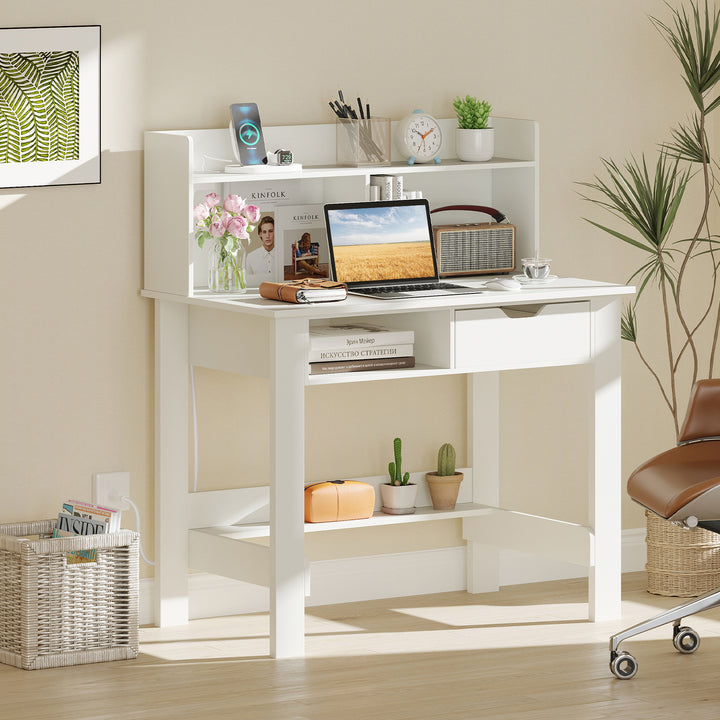 Giantex White Computer Desk with Hutch, Home Office Desk with Power Outlets, USB Ports