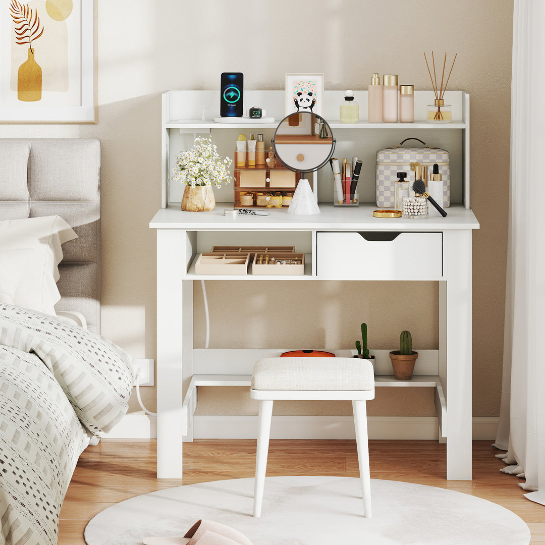 Giantex White Computer Desk with Hutch, Home Office Desk with Power Outlets, USB Ports