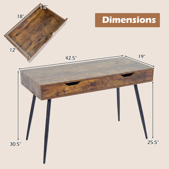 Giantex Mid-Century Desk with 2 Drawers, 43.5" Writing Study Desk with Solid Rubber Wood Legs