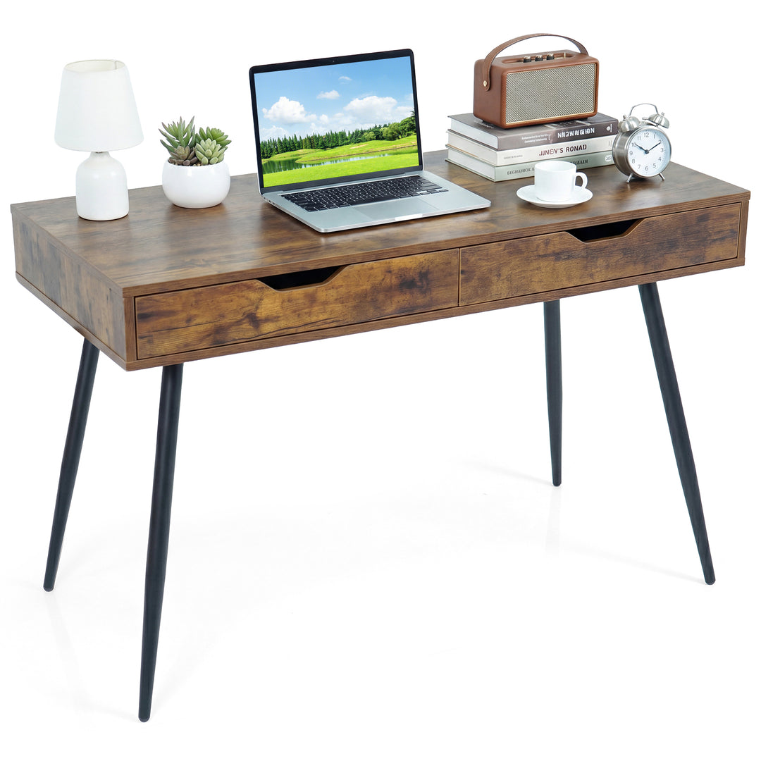 Giantex Mid-Century Desk with 2 Drawers, 43.5" Writing Study Desk with Solid Rubber Wood Legs