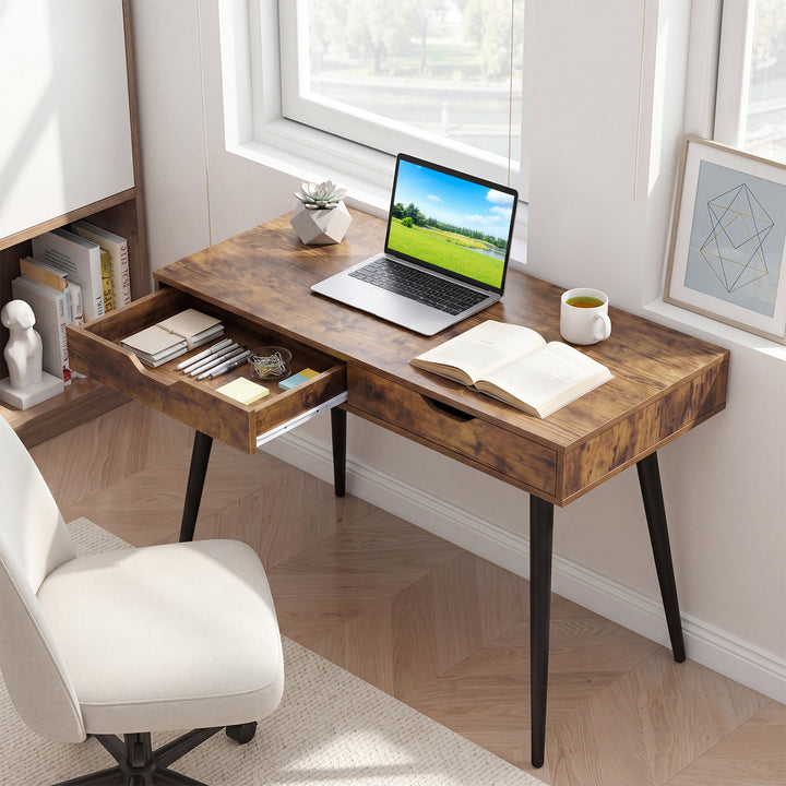 Giantex Mid-Century Desk with 2 Drawers, 43.5" Writing Study Desk with Solid Rubber Wood Legs