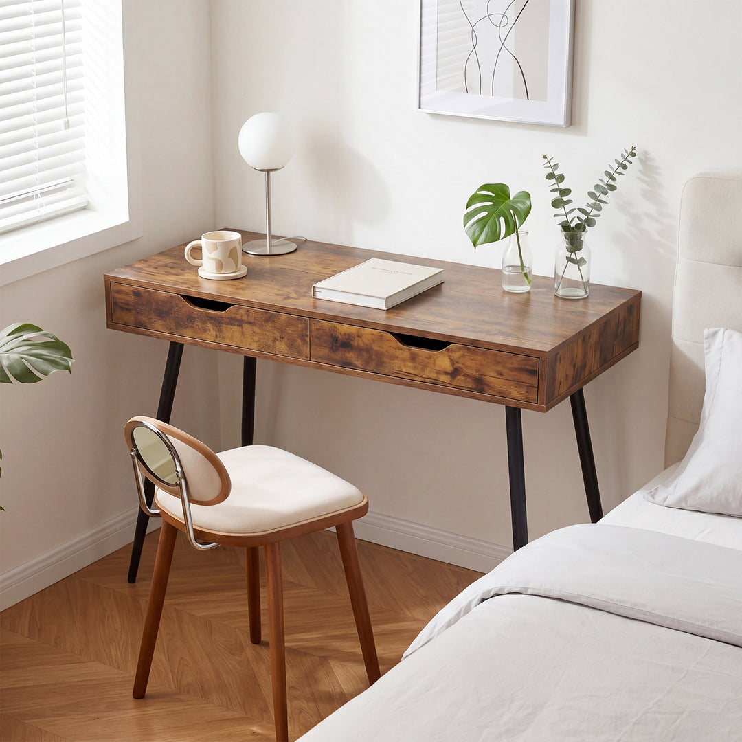 Giantex Mid-Century Desk with 2 Drawers, 43.5" Writing Study Desk with Solid Rubber Wood Legs