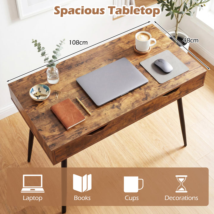 Giantex Mid-Century Desk with 2 Drawers, 43.5" Writing Study Desk with Solid Rubber Wood Legs