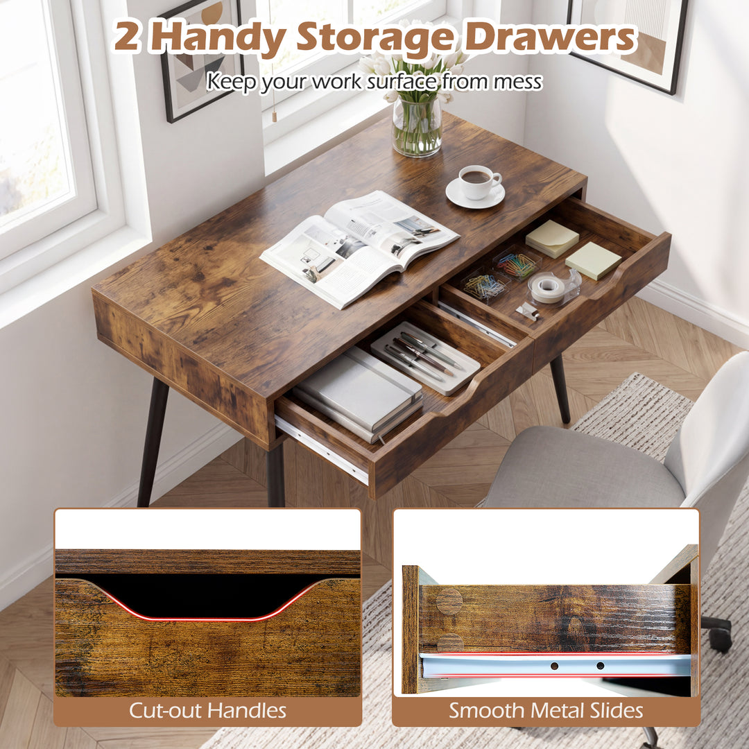Giantex Mid-Century Desk with 2 Drawers, 43.5" Writing Study Desk with Solid Rubber Wood Legs