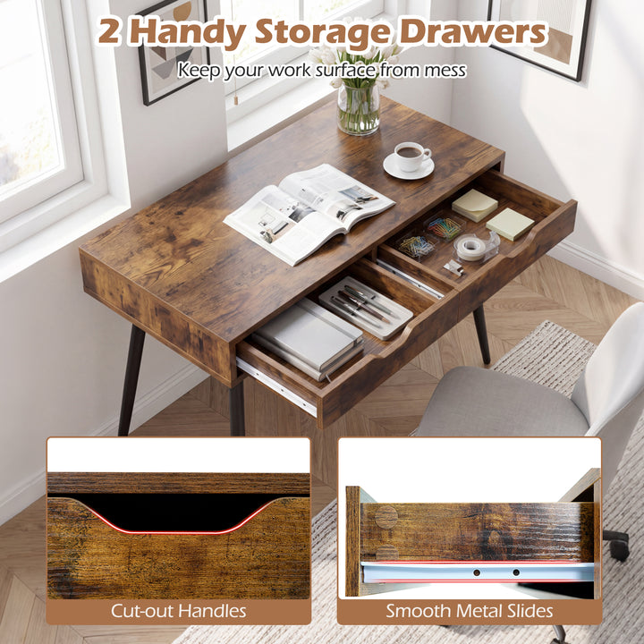Giantex Mid-Century Desk with 2 Drawers, 43.5" Writing Study Desk with Solid Rubber Wood Legs