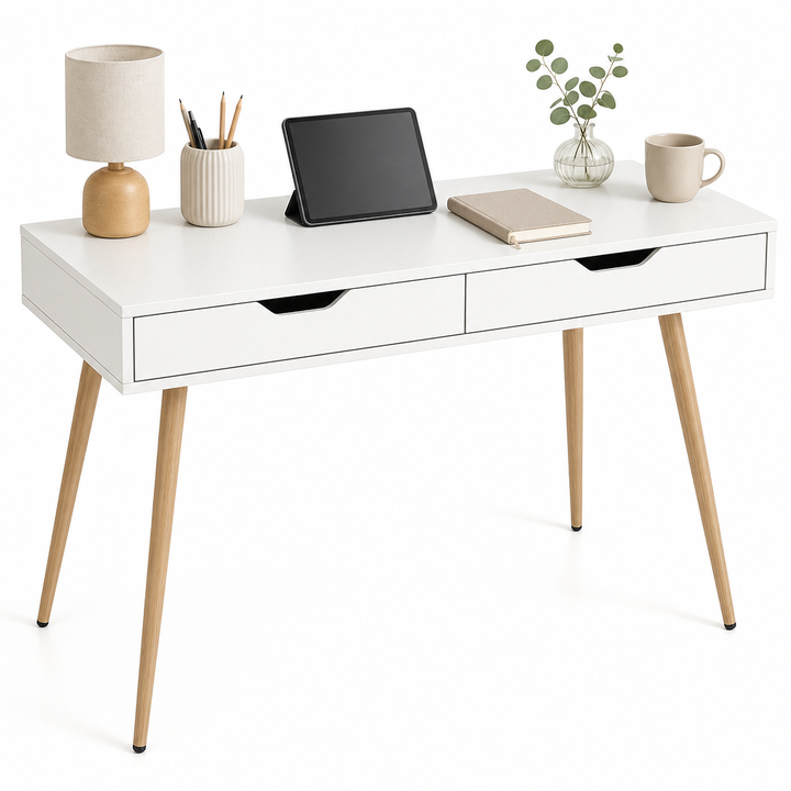 Giantex Mid-Century Desk with 2 Drawers, 43.5" Writing Study Desk with Solid Rubber Wood Legs