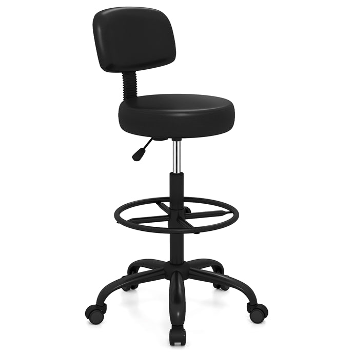 GIANTEX Drafting Chair with Back, Adjustable Foot Rolling Stool with Wheels | PVC Leather Tall Office Chair w/ Thickened Cushion