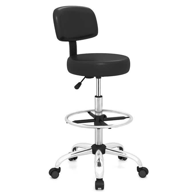 GIANTEX Drafting Chair with Back, Adjustable Foot Rolling Stool with Wheels | PVC Leather Tall Office Chair w/ Thickened Cushion