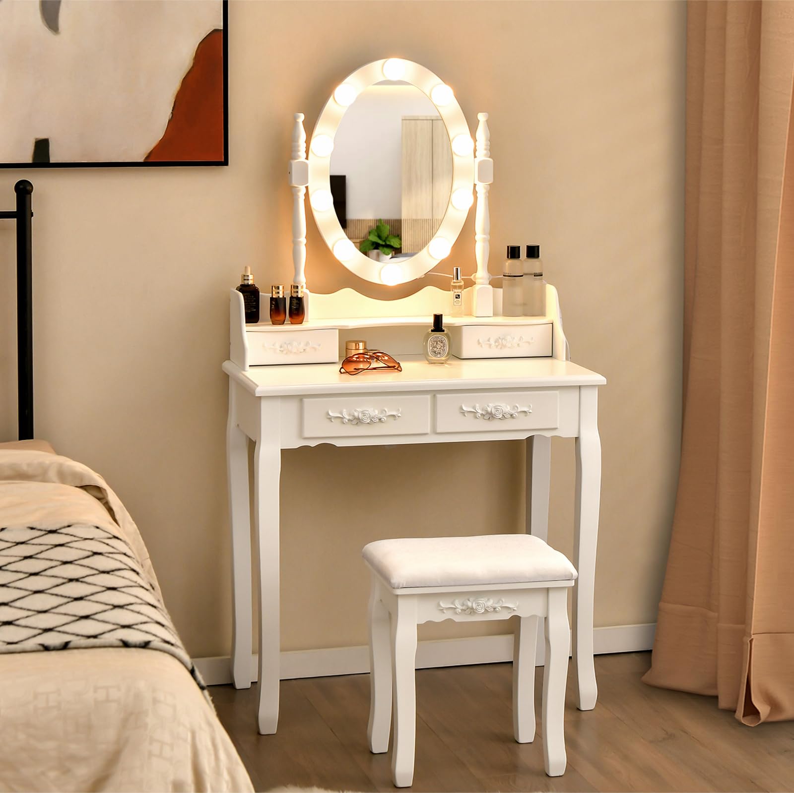 CHARMAID Girls Vanity Table with Lighted Mirror and Stool