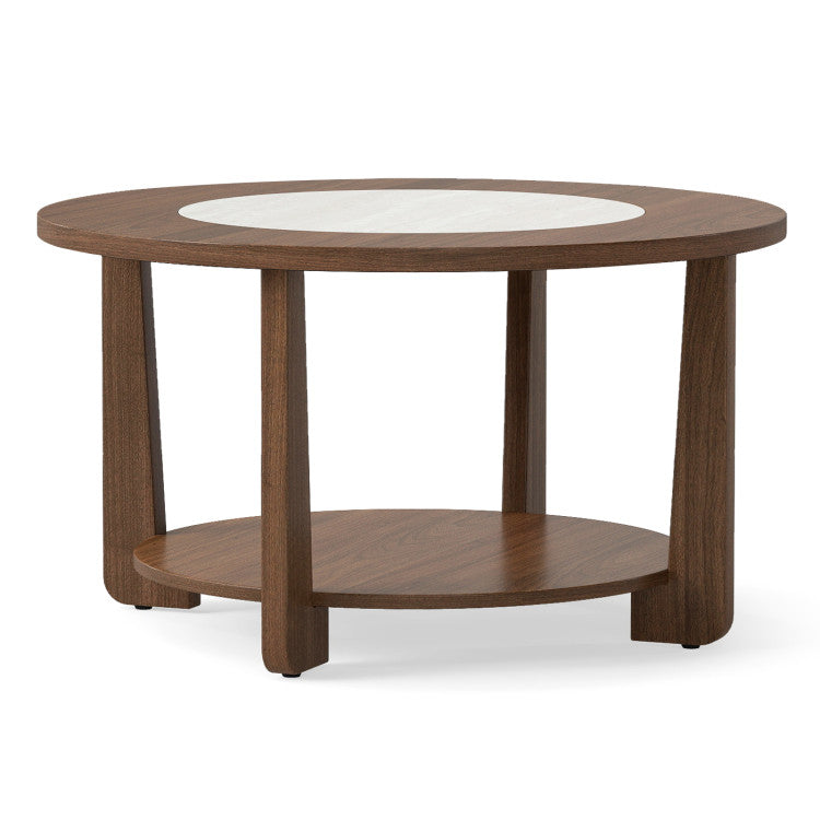 Giantex 2-Tier Round Farmhouse Living Room Coffee Table with 2-Tone Tabletop