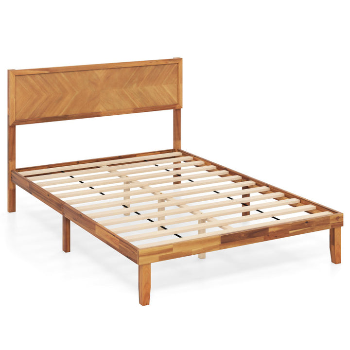 Giantex Wood Twin Bed/Full Size Bed/Queen Bed Frames with Headboard, Solid Acacia Wood Platform Bed with 12 Strong Wooden Slat Support