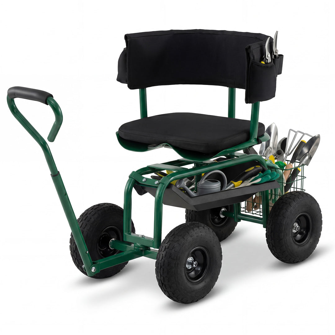 Giantex Cushioned Rolling Garden Cart Scooter with Storage Basket and Tool Pouch
