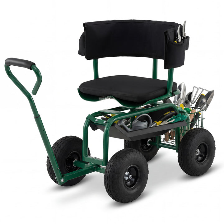 Giantex Cushioned Rolling Garden Cart Scooter with Storage Basket and Tool Pouch