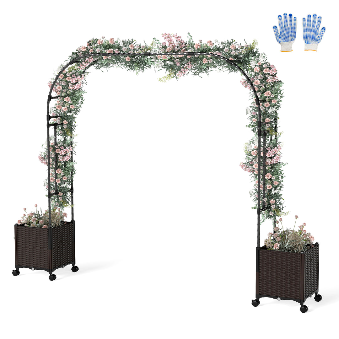 6.6 FT Garden Arch Trellis with 2 Planter Boxes, Outdoor Arbor Archway for Climbing Plants
