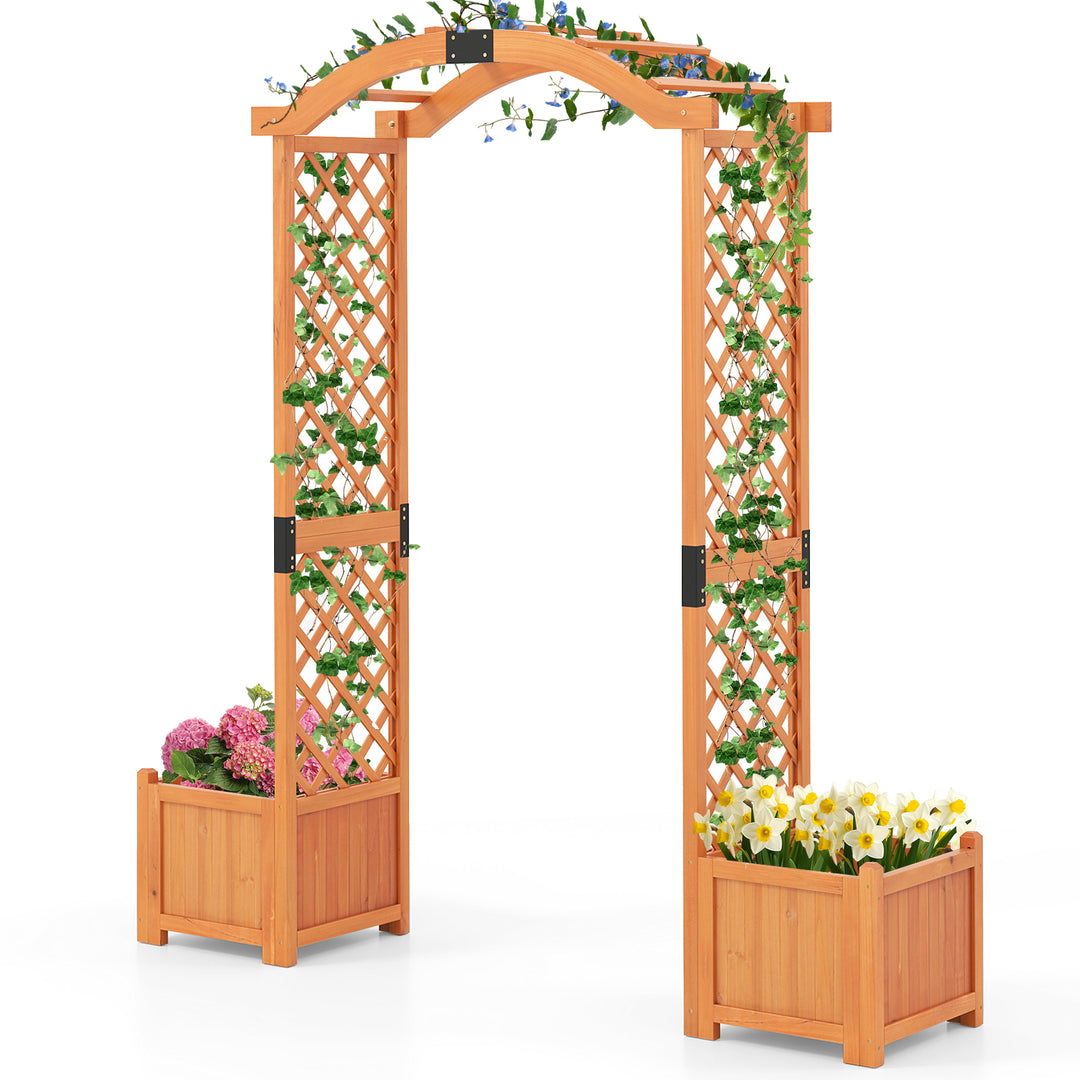 planter with arch trellis Giantex Garden Arbor with Planter, Wooden Planter Arch with Trellis, Outdoor Arch for Climbing Plants Natural