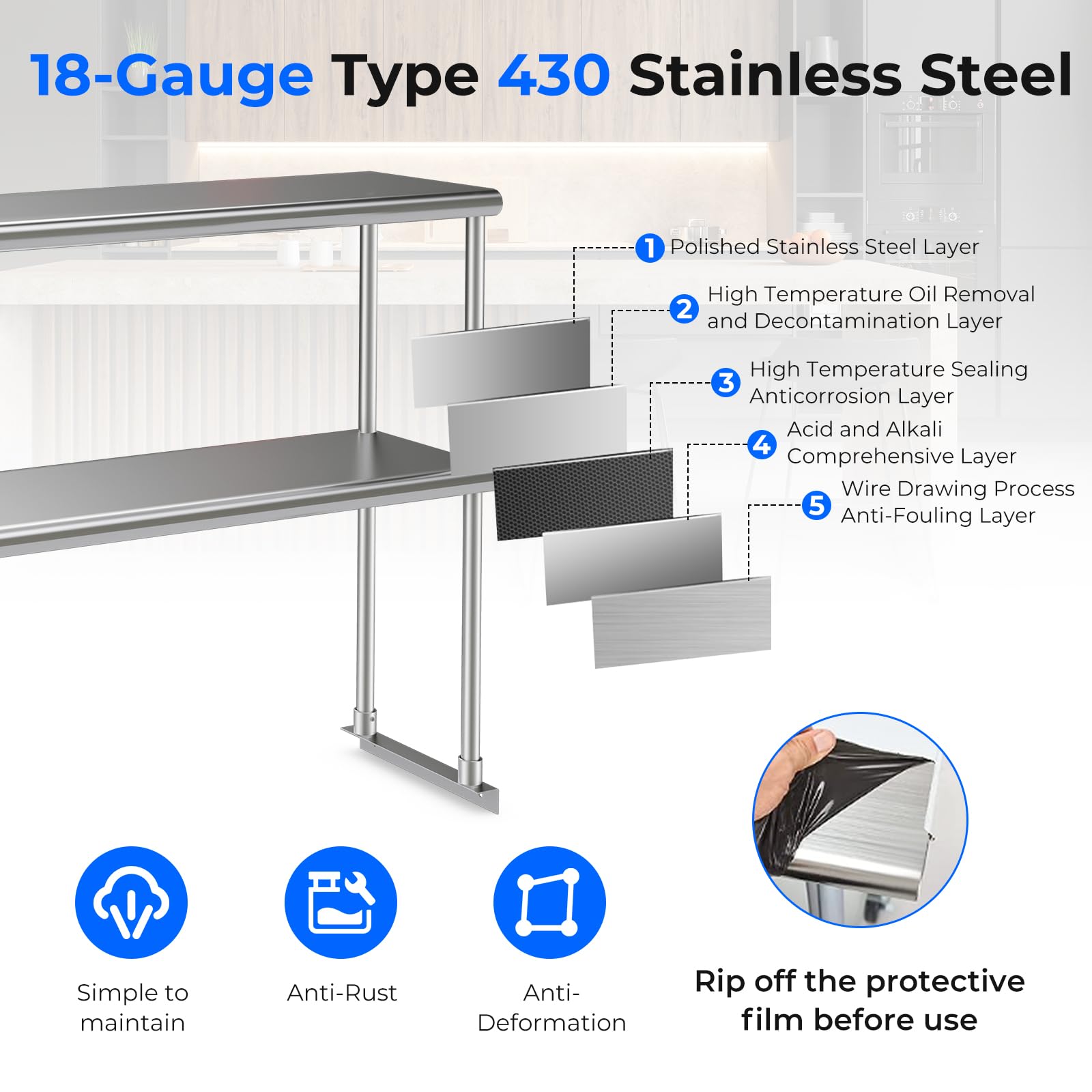 Giantex 48 Inch Stainless Steel Overshelf with Adjustable Lower Shelf