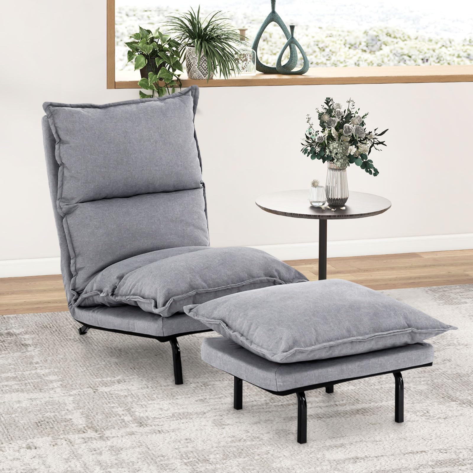 Giantex Accent Chair with Ottoman Gray, Upholstered Lazy Sofa Chair with Ottoman