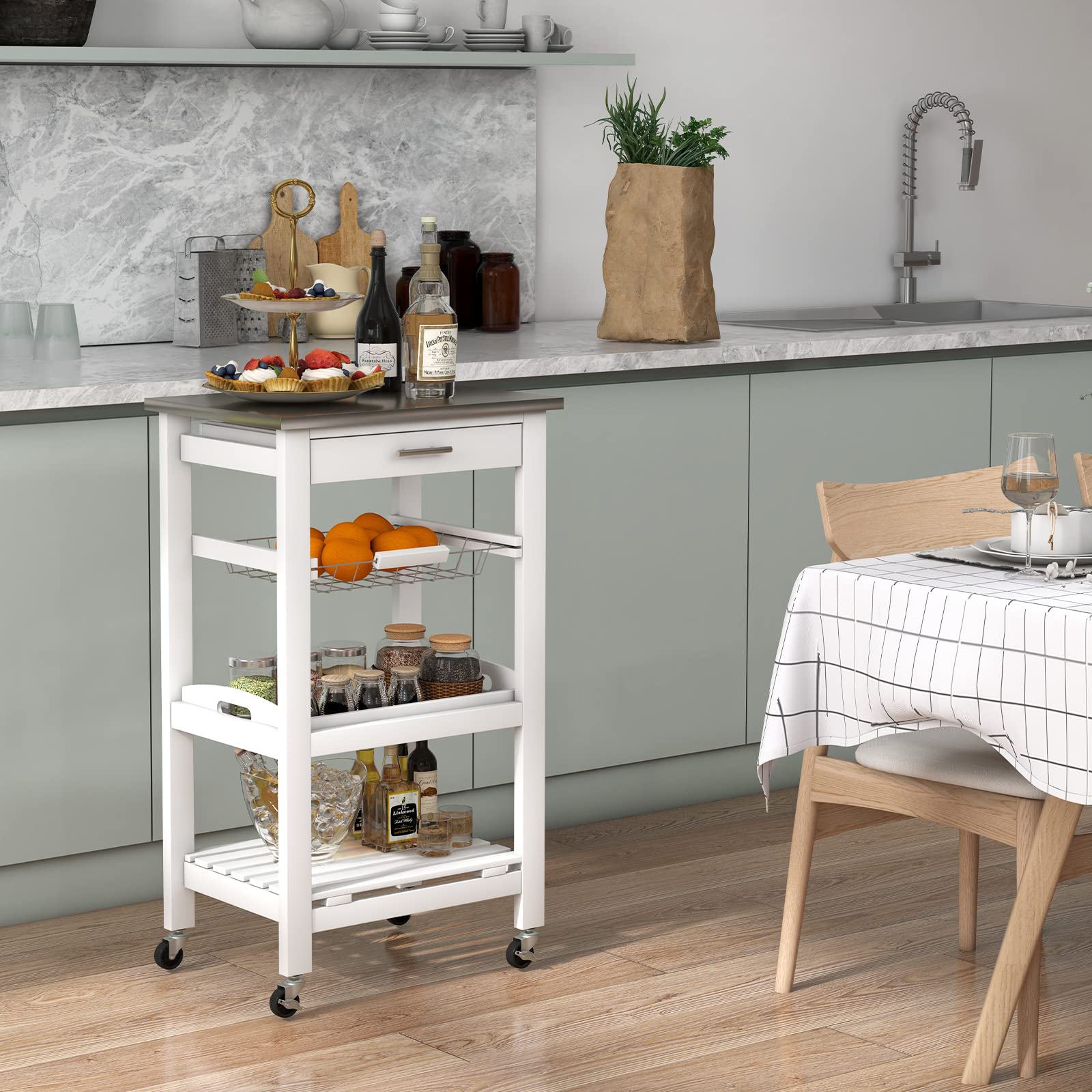 Giantex Kitchen Island Cart Rolling Kitchen Trolley with Stainless Steel Tabletop