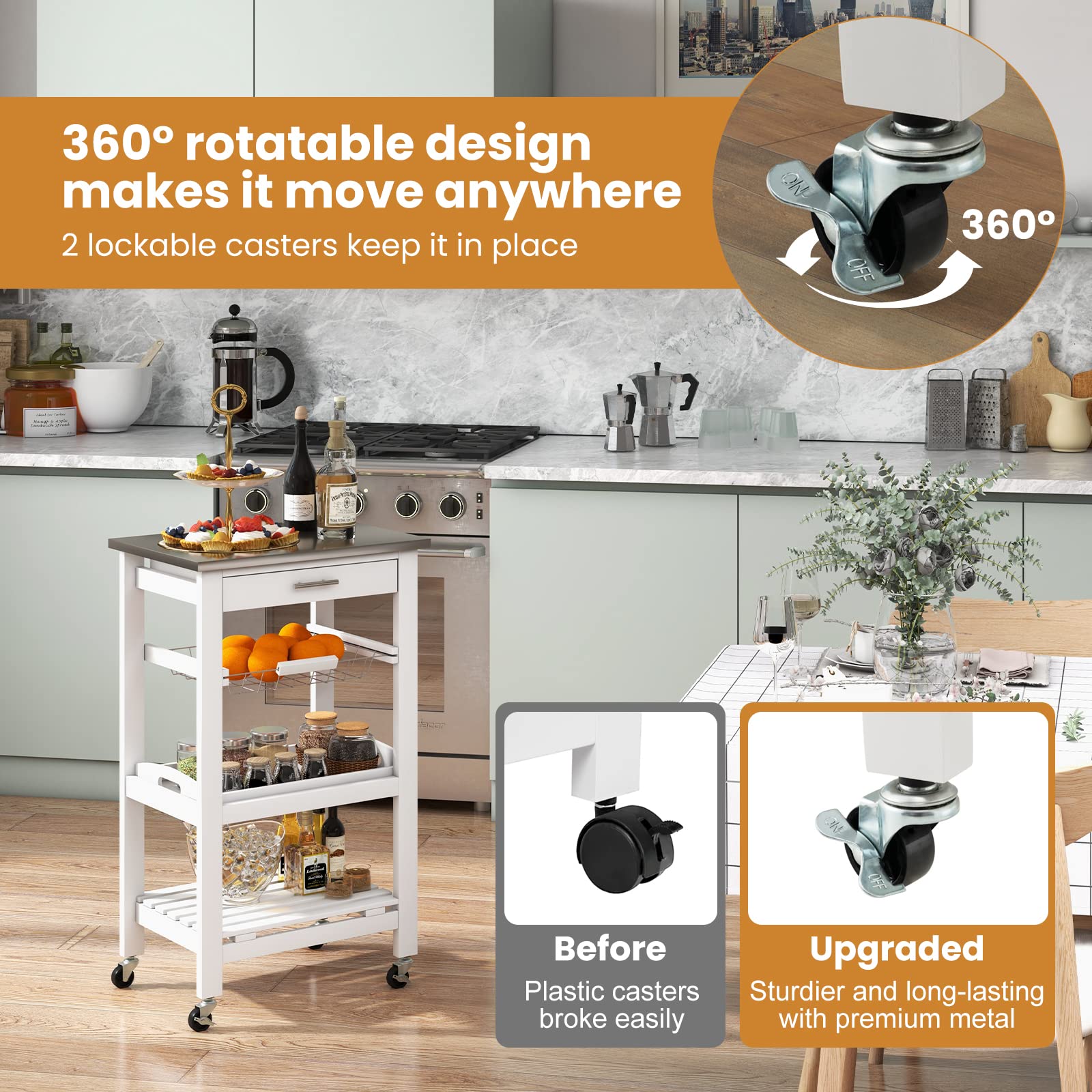 Giantex Kitchen Island Cart Rolling Kitchen Trolley with Stainless Steel Tabletop