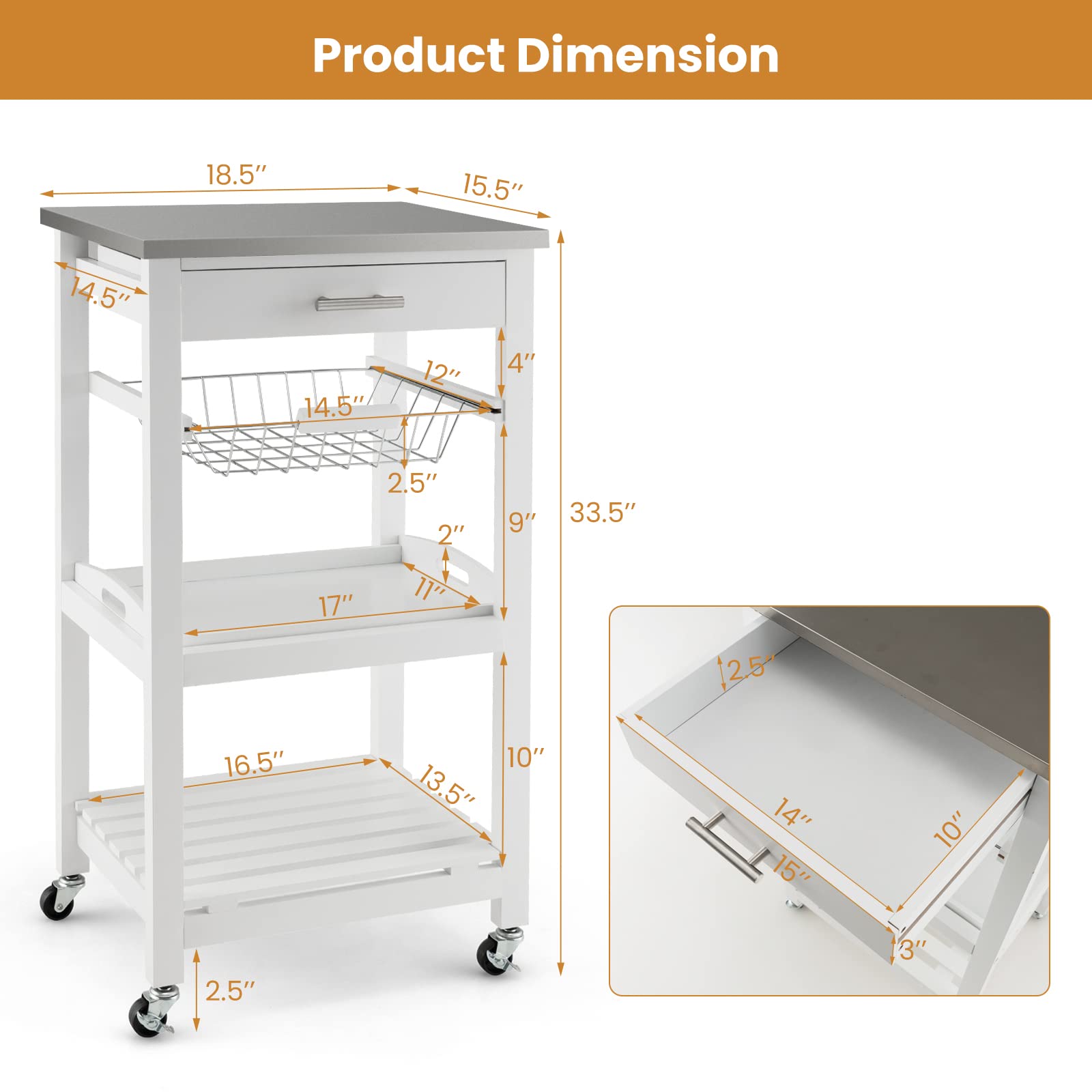 Giantex Kitchen Island Cart Rolling Kitchen Trolley with Stainless Steel Tabletop