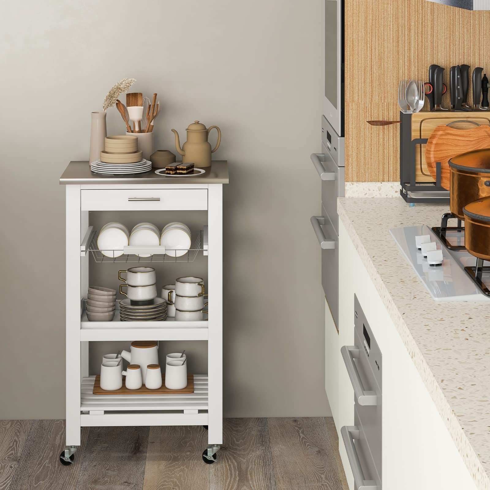Giantex Kitchen Island Cart Rolling Kitchen Trolley with Stainless Steel Tabletop