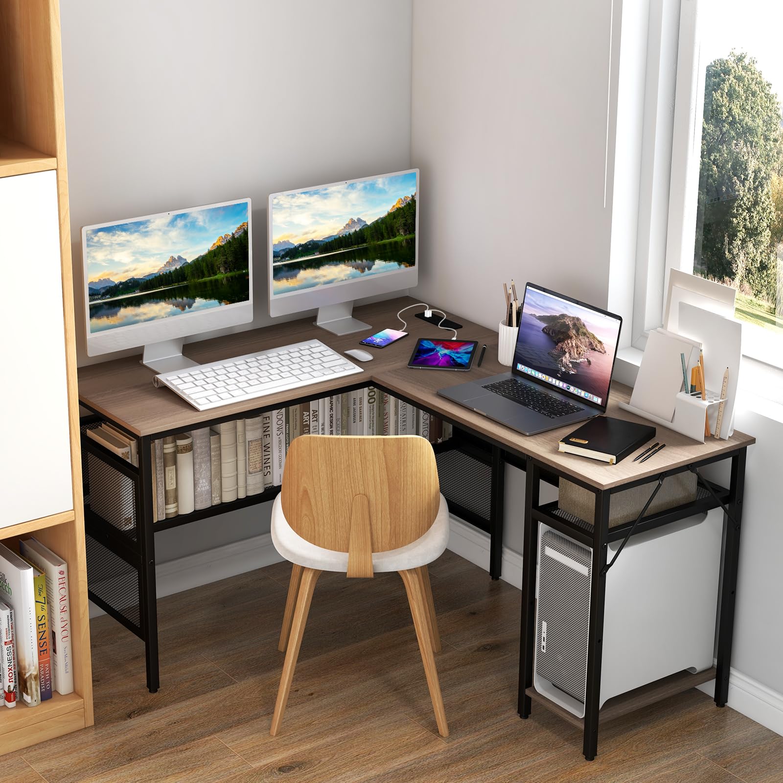 Giantex L Shaped Desk with Power Outlets & USB Ports