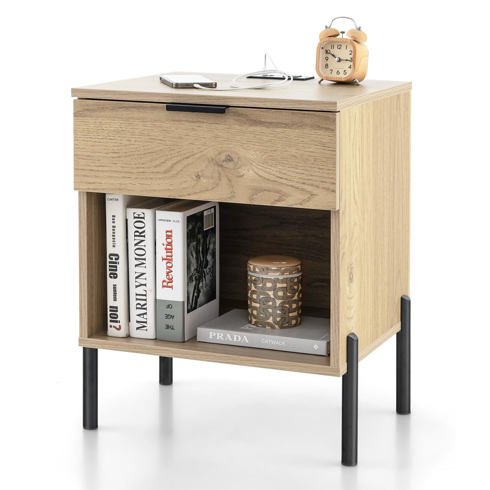 Giantex Mid Century Modern Nightstand with Charging Station