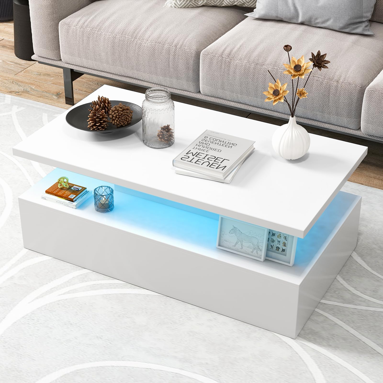 Giantex Modern LED Coffee Table - 2-Tier High Glossy Coffee Table