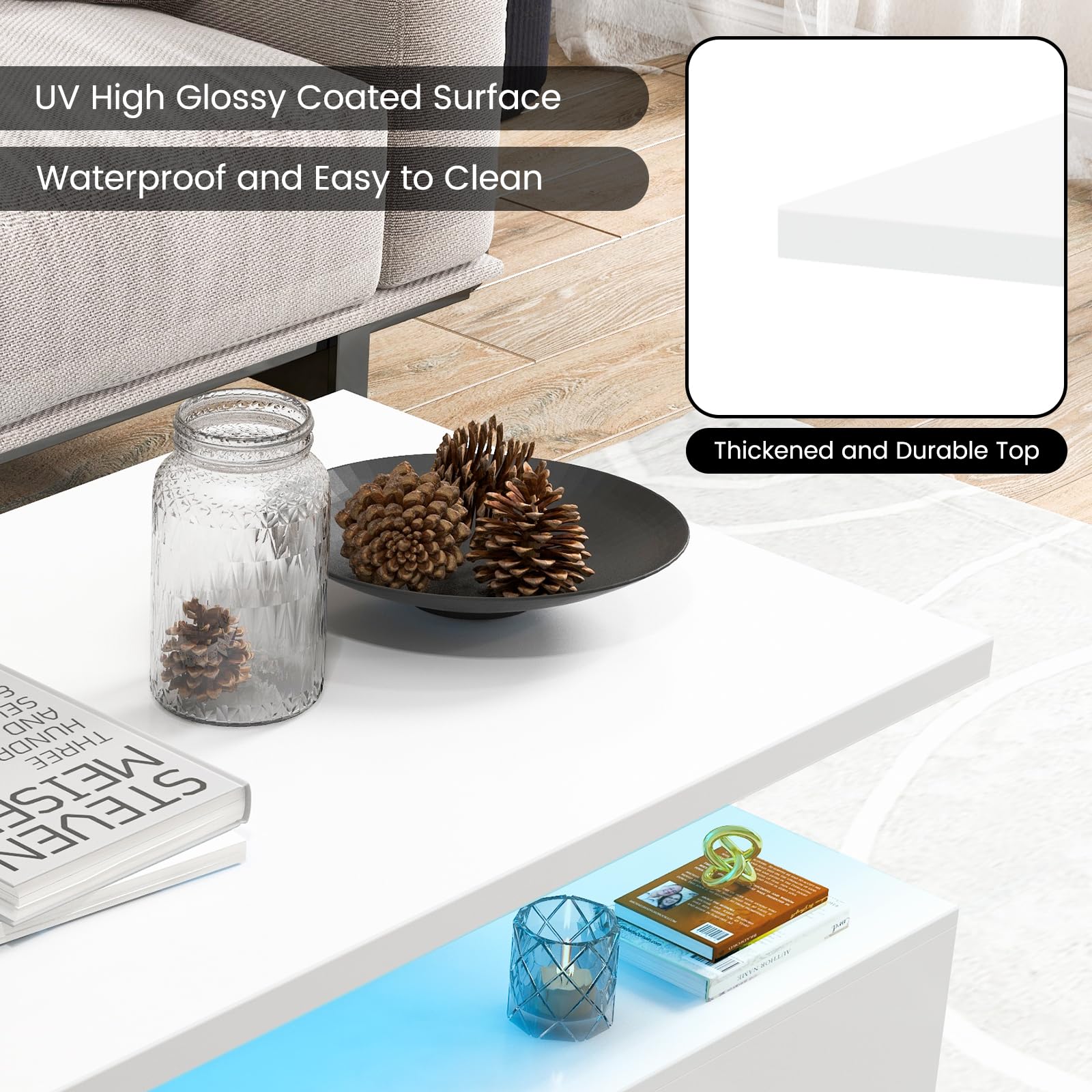 Giantex Modern LED Coffee Table - 2-Tier High Glossy Coffee Table