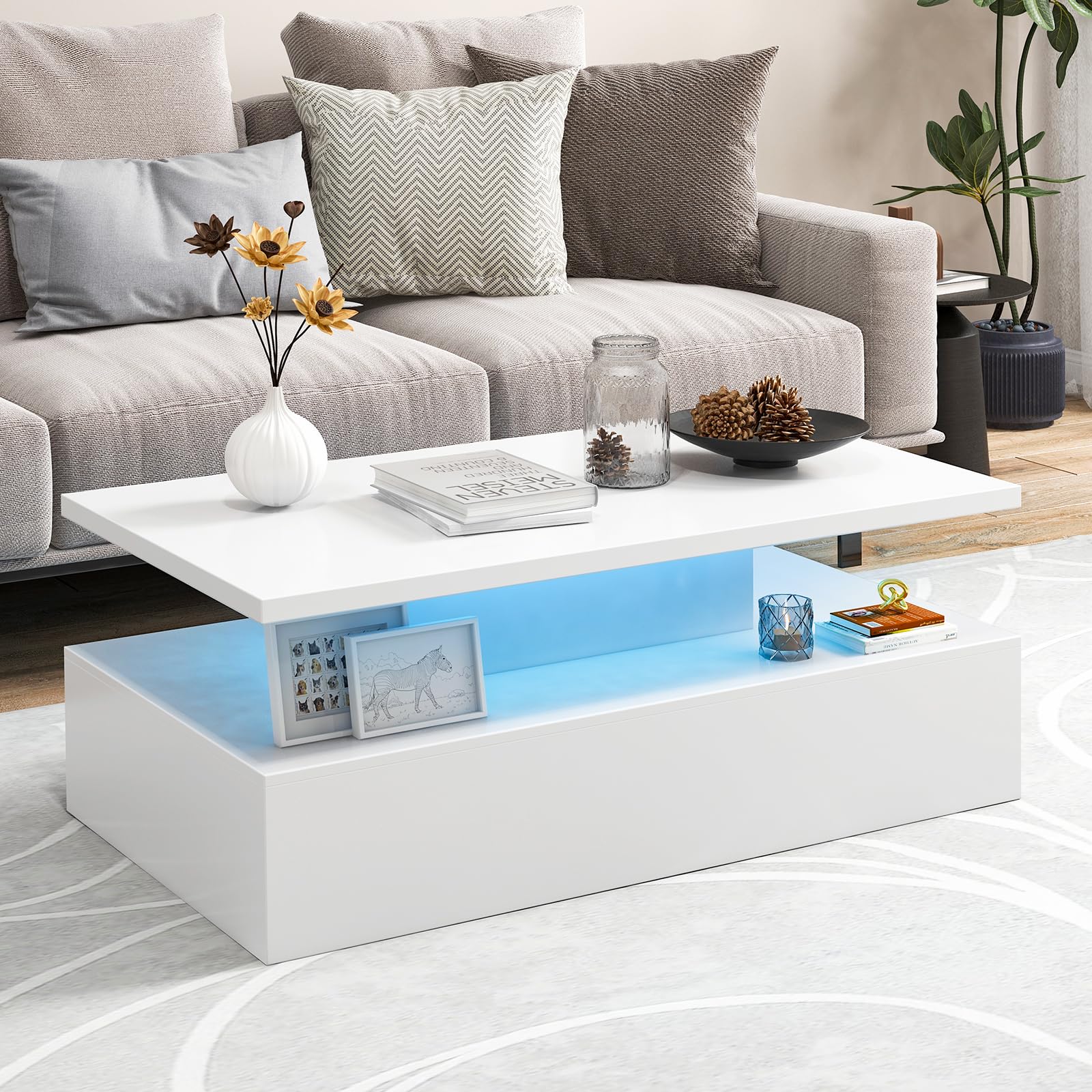 Giantex Modern LED Coffee Table - 2-Tier High Glossy Coffee Table