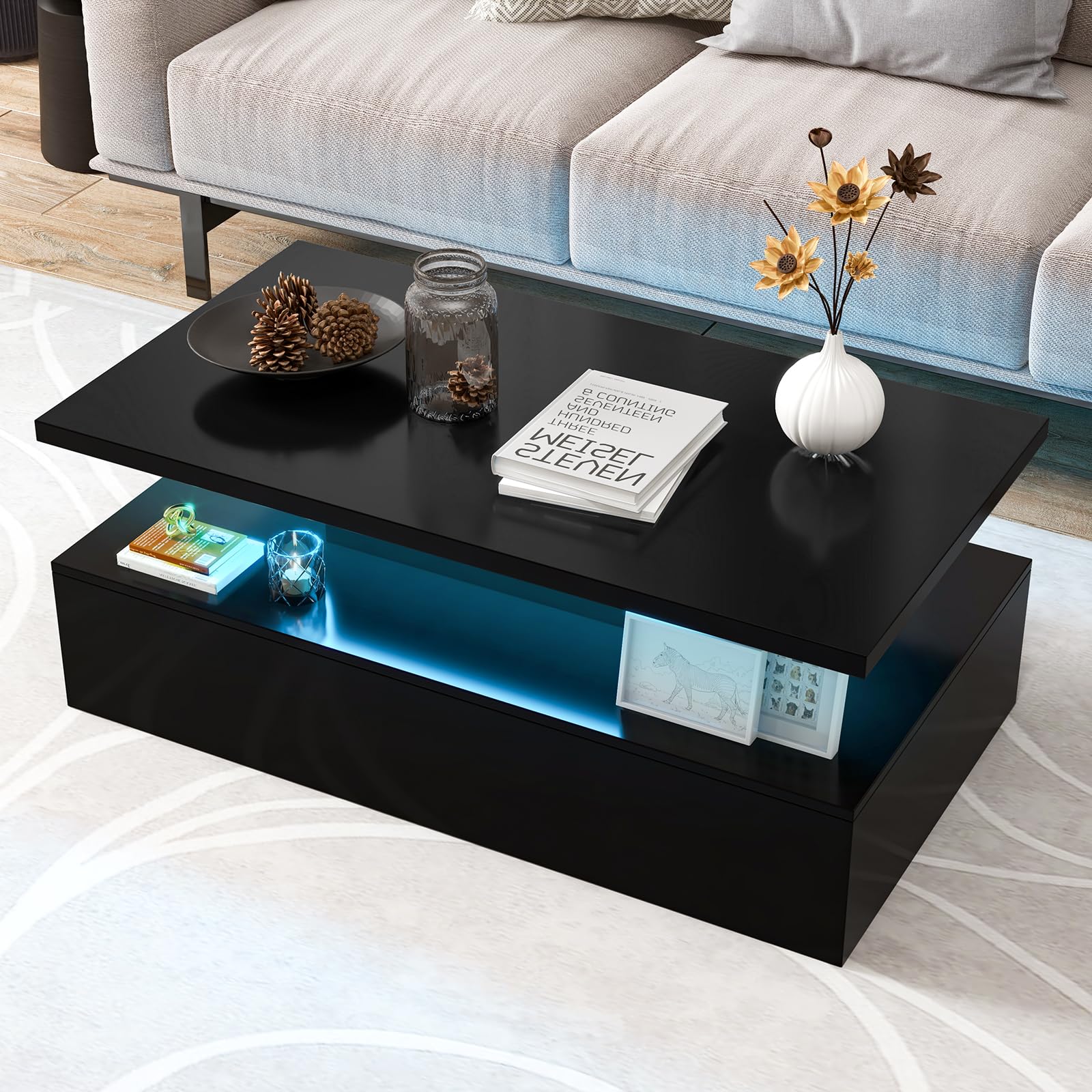 Giantex Modern LED Coffee Table - 2-Tier High Glossy Coffee Table