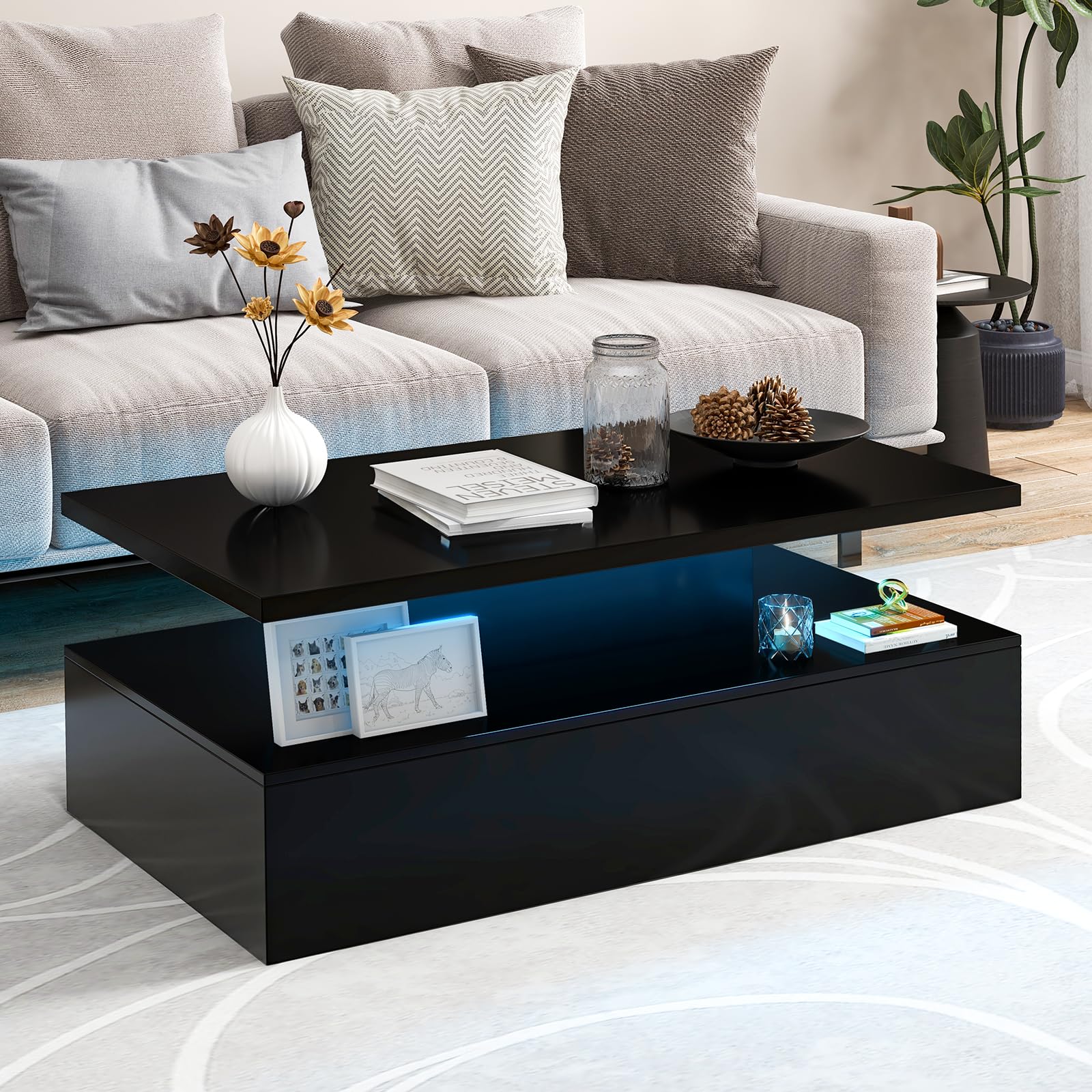 Giantex Modern LED Coffee Table - 2-Tier High Glossy Coffee Table