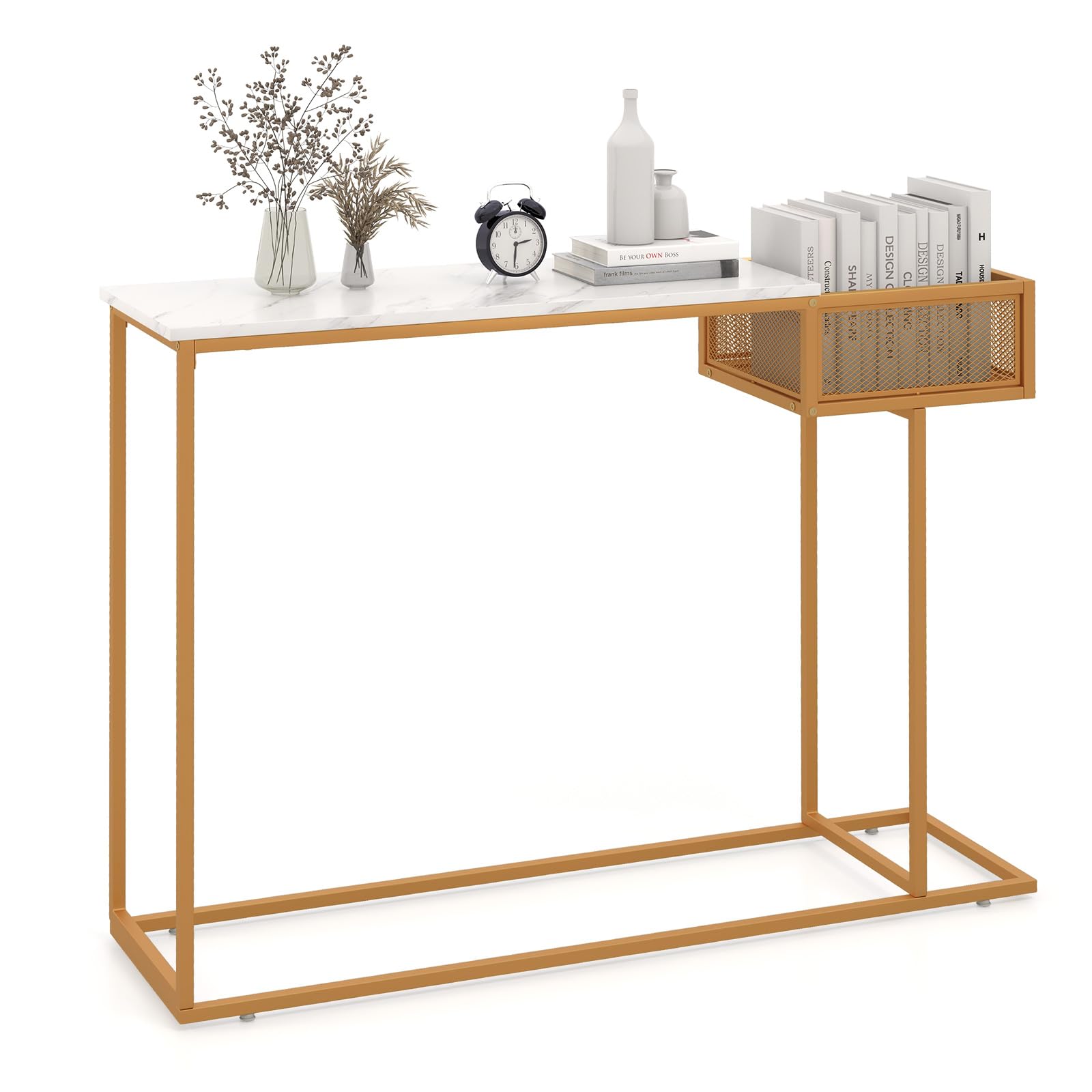 Giantex Narrow Console Table with Storage - Gold Sofa Table with Storage Basket