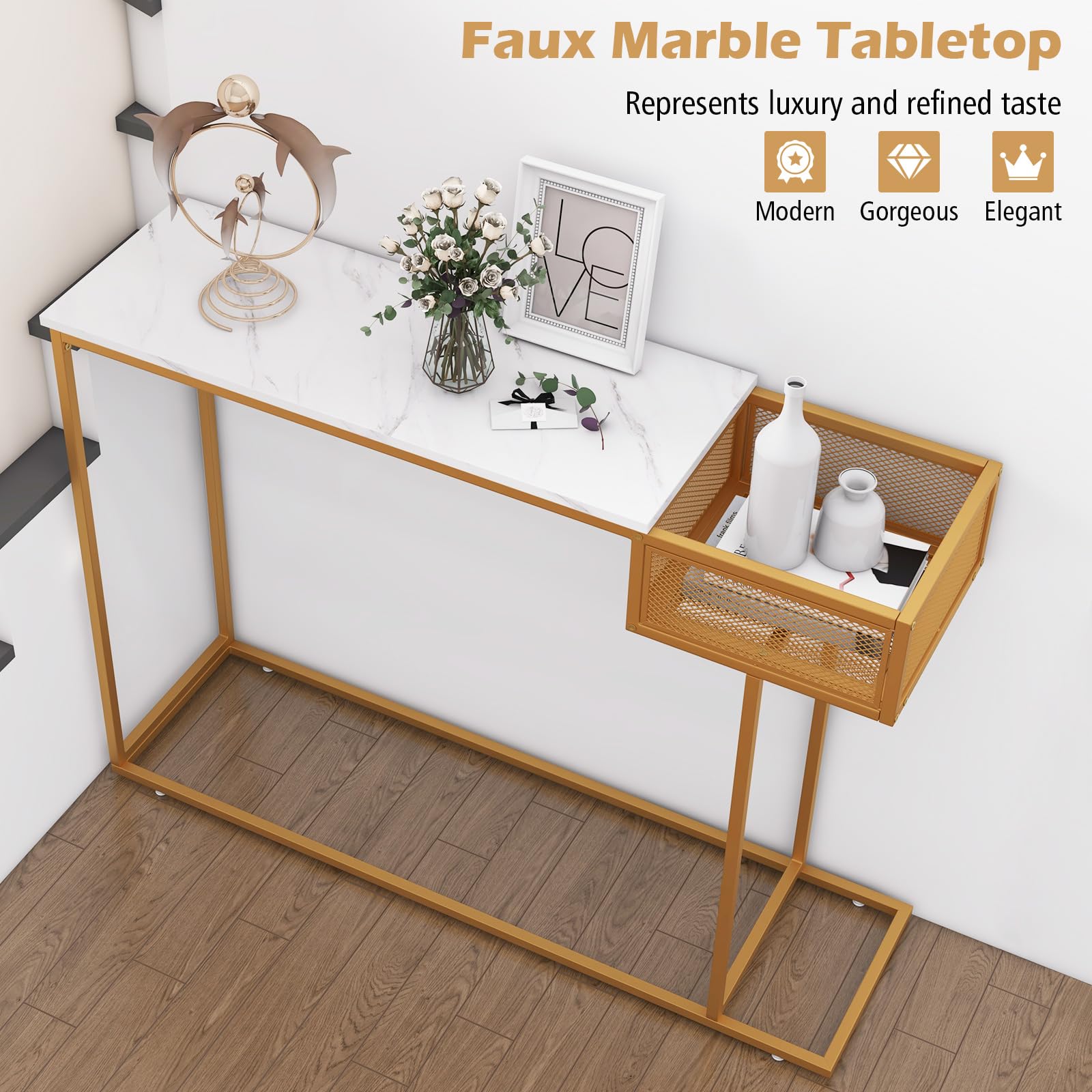 Giantex Narrow Console Table with Storage - Gold Sofa Table with Storage Basket