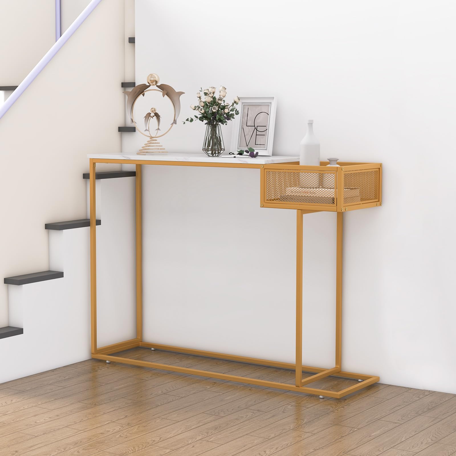 Giantex Narrow Console Table with Storage - Gold Sofa Table with Storage Basket