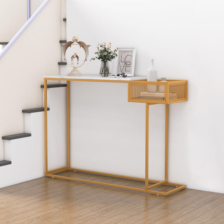 Giantex Narrow Console Table with Storage - Gold Sofa Table with Storage Basket
