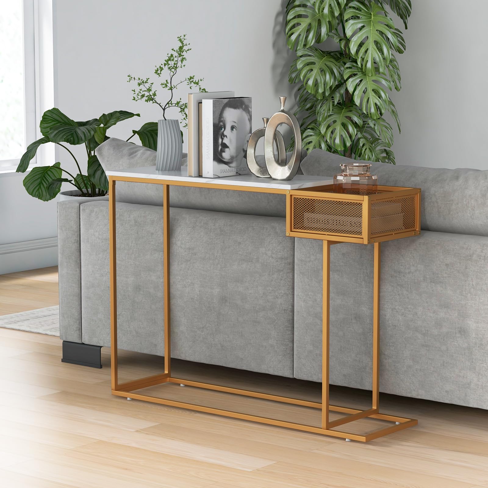 Giantex Narrow Console Table with Storage - Gold Sofa Table with Storage Basket