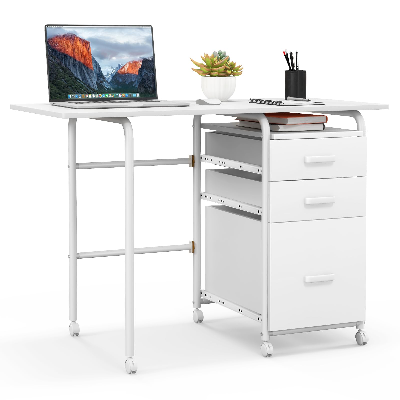 Giantex Folding Desk for Small Space, Rolling Home Office Desk with 3 Drawers & Lockable Universal Wheels