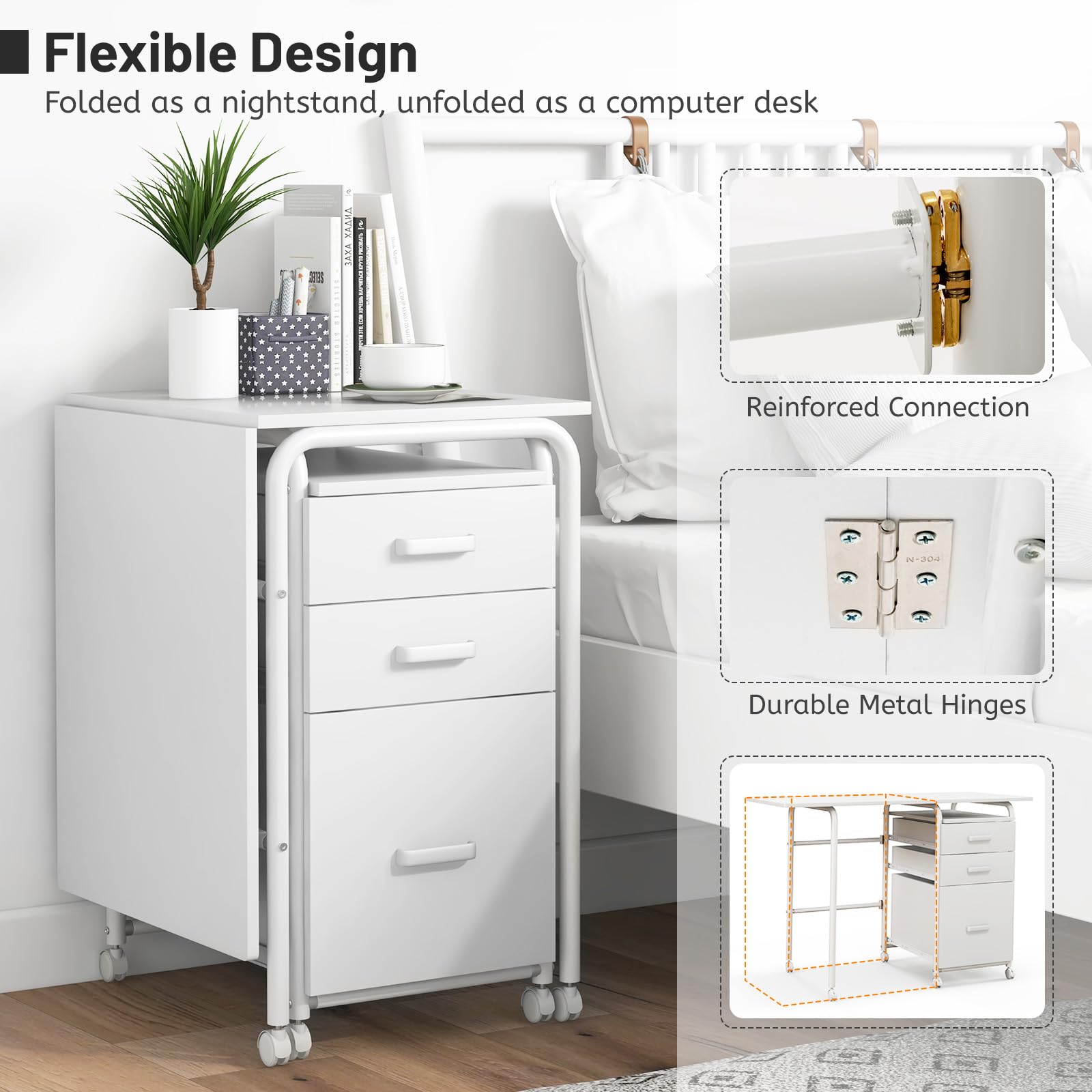 Giantex Folding Desk for Small Space, Rolling Home Office Desk with 3 Drawers & Lockable Universal Wheels