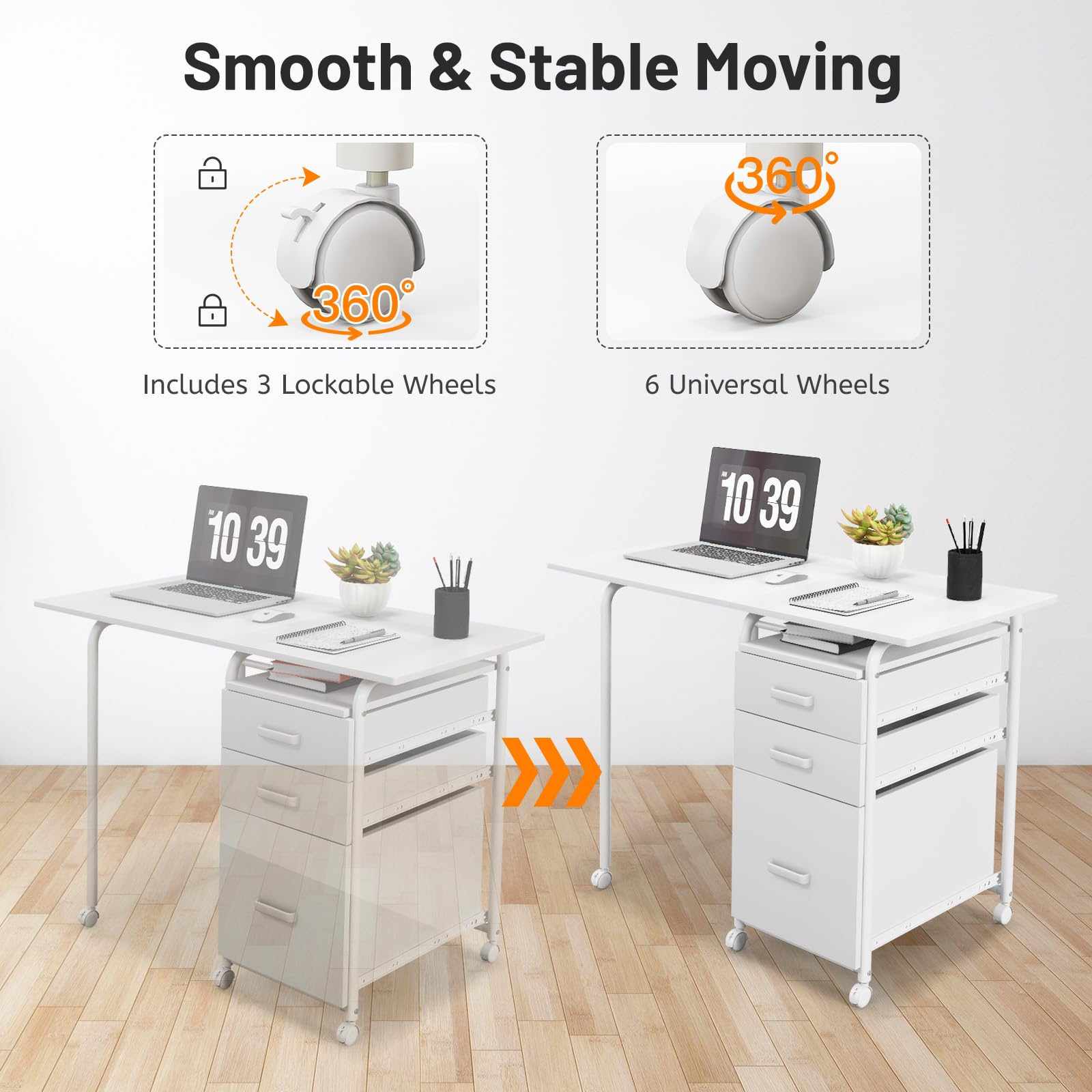 Giantex Folding Desk for Small Space, Rolling Home Office Desk with 3 Drawers & Lockable Universal Wheels