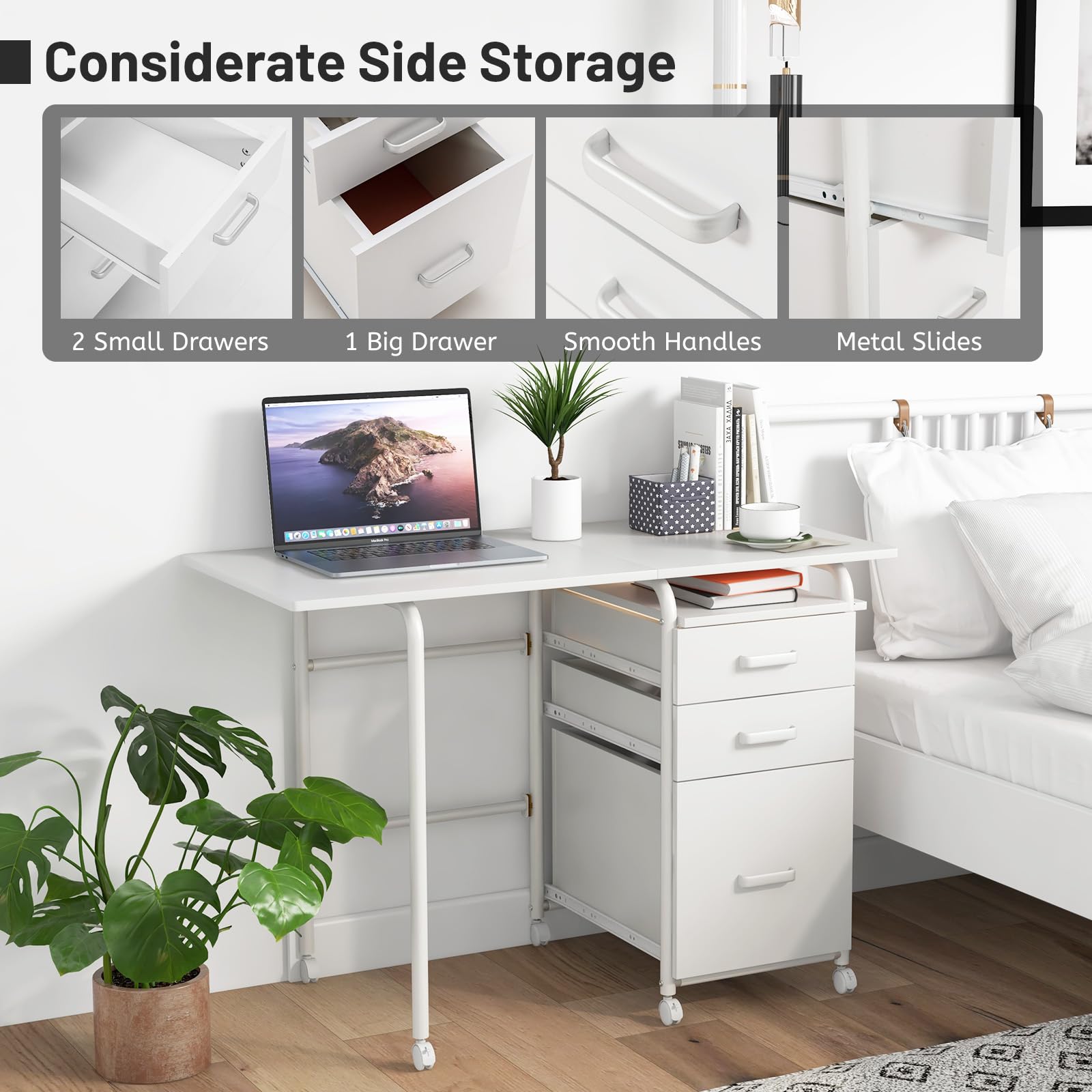 Giantex Folding Desk for Small Space, Rolling Home Office Desk with 3 Drawers & Lockable Universal Wheels
