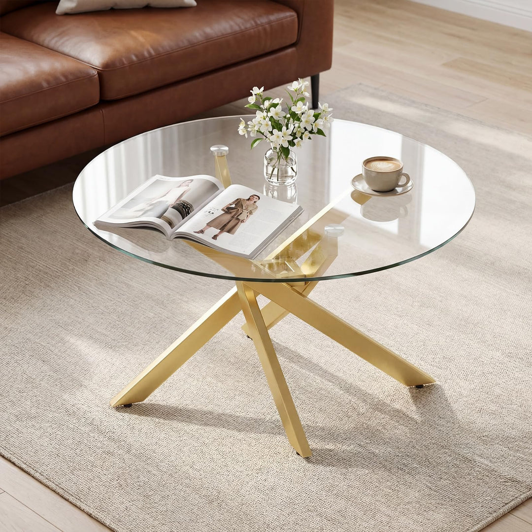 Giantex 31.5" Round Glass Coffee Table with Tempered Glass Top &amp; Geometric Metal Frame