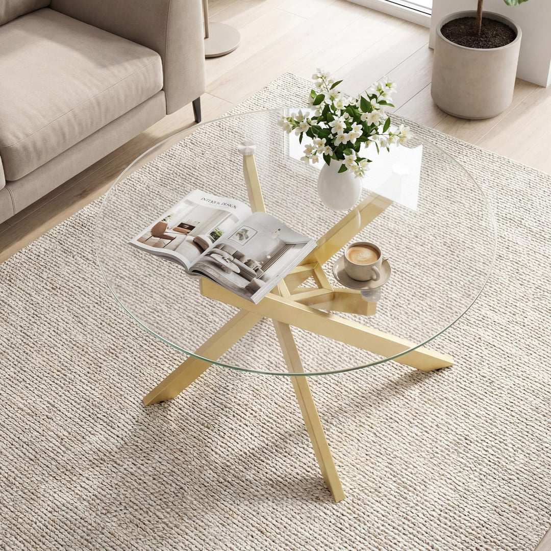 Giantex 31.5" Round Glass Coffee Table with Tempered Glass Top &amp; Geometric Metal Frame