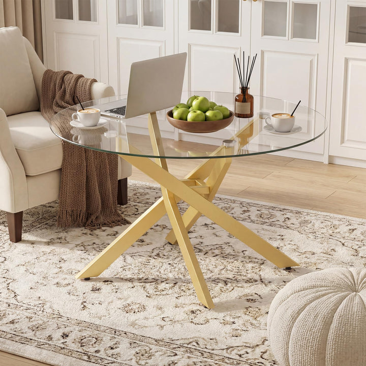 Giantex 31.5" Round Glass Coffee Table with Tempered Glass Top &amp; Geometric Metal Frame