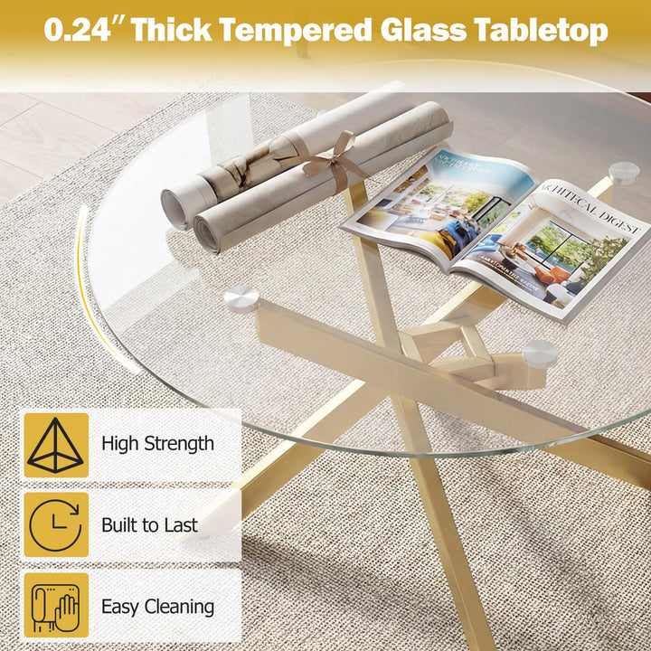 Giantex 31.5" Round Glass Coffee Table with Tempered Glass Top &amp; Geometric Metal Frame