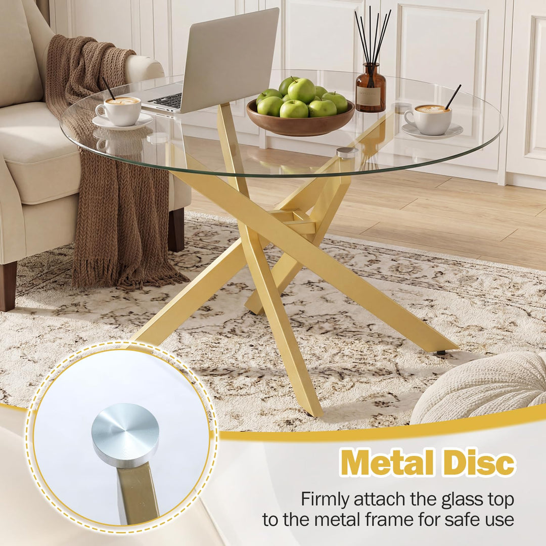 Giantex 31.5" Round Glass Coffee Table with Tempered Glass Top &amp; Geometric Metal Frame